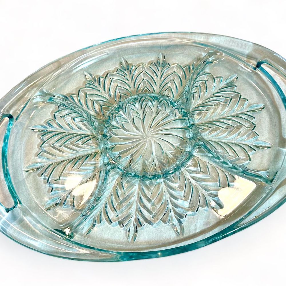 Jeanette Glass Co Blue Feather Divided Glass Serving Relish Tray, Tea Party